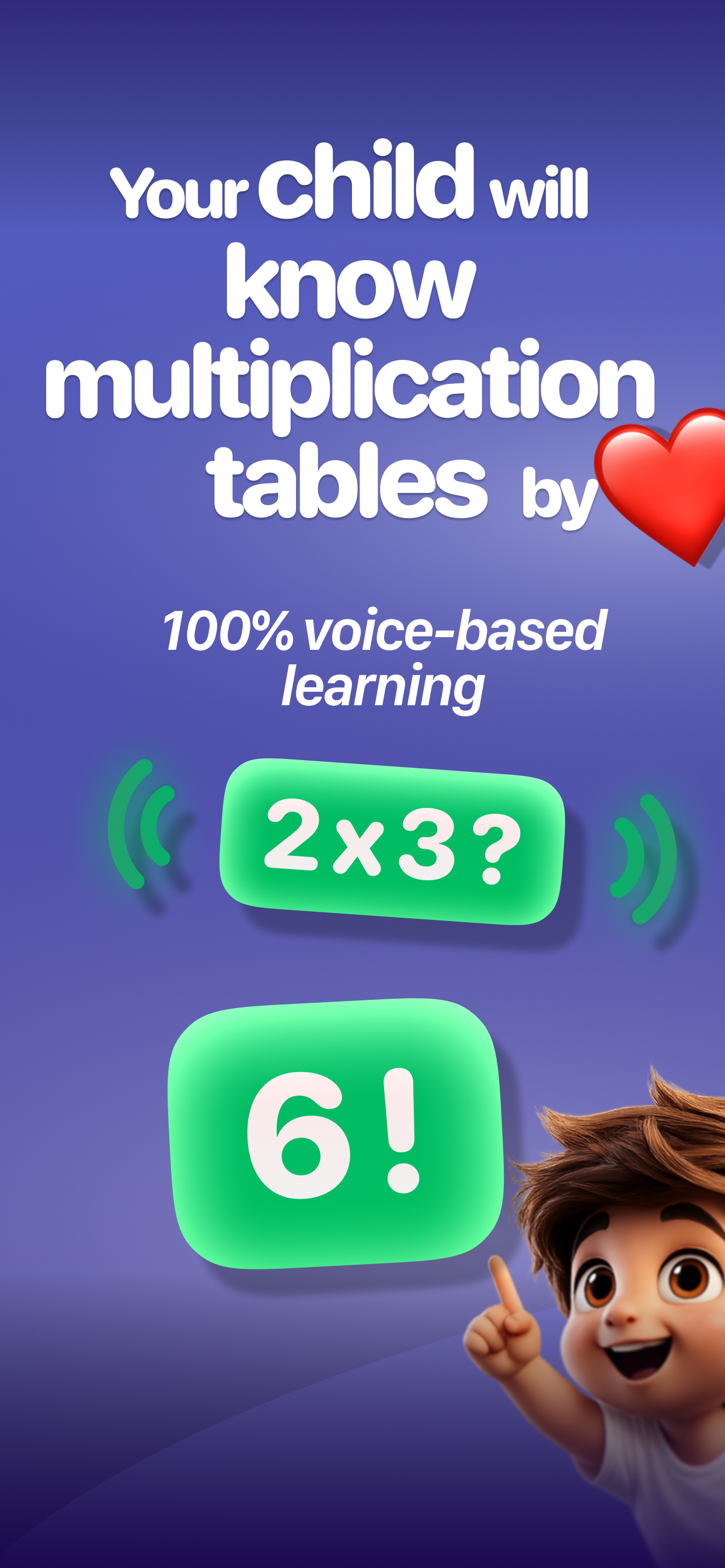 Multiplication Tables onboarding screen about learning by listening and speaking