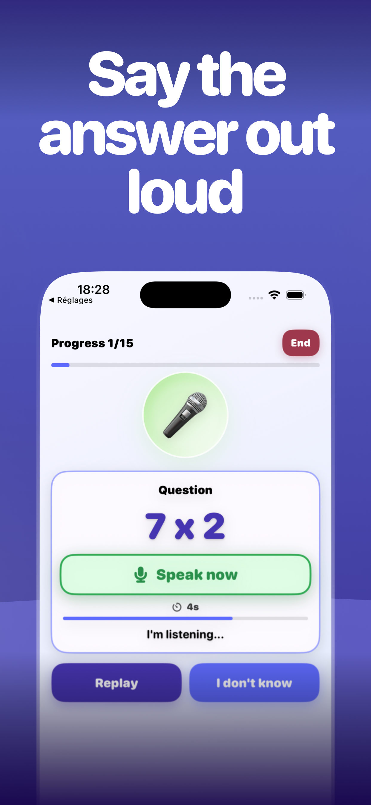 Multiplication Tables gameplay screen showing a spoken question and timer