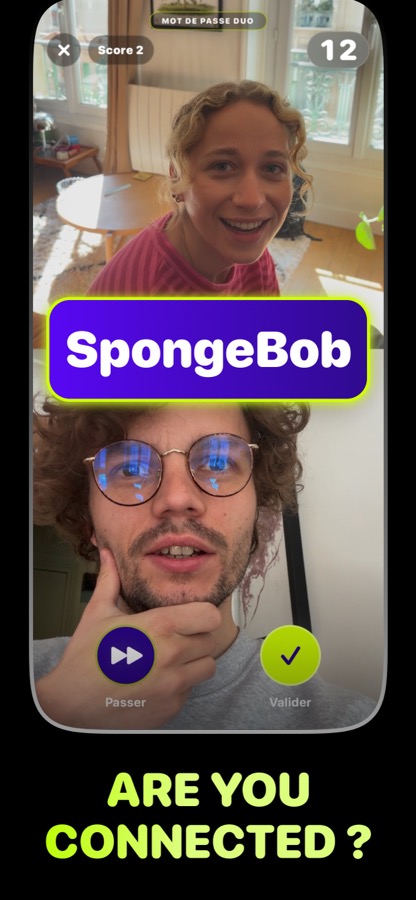 Password game : duel gameplay screenshot showing two camera feeds and the word SpongeBob