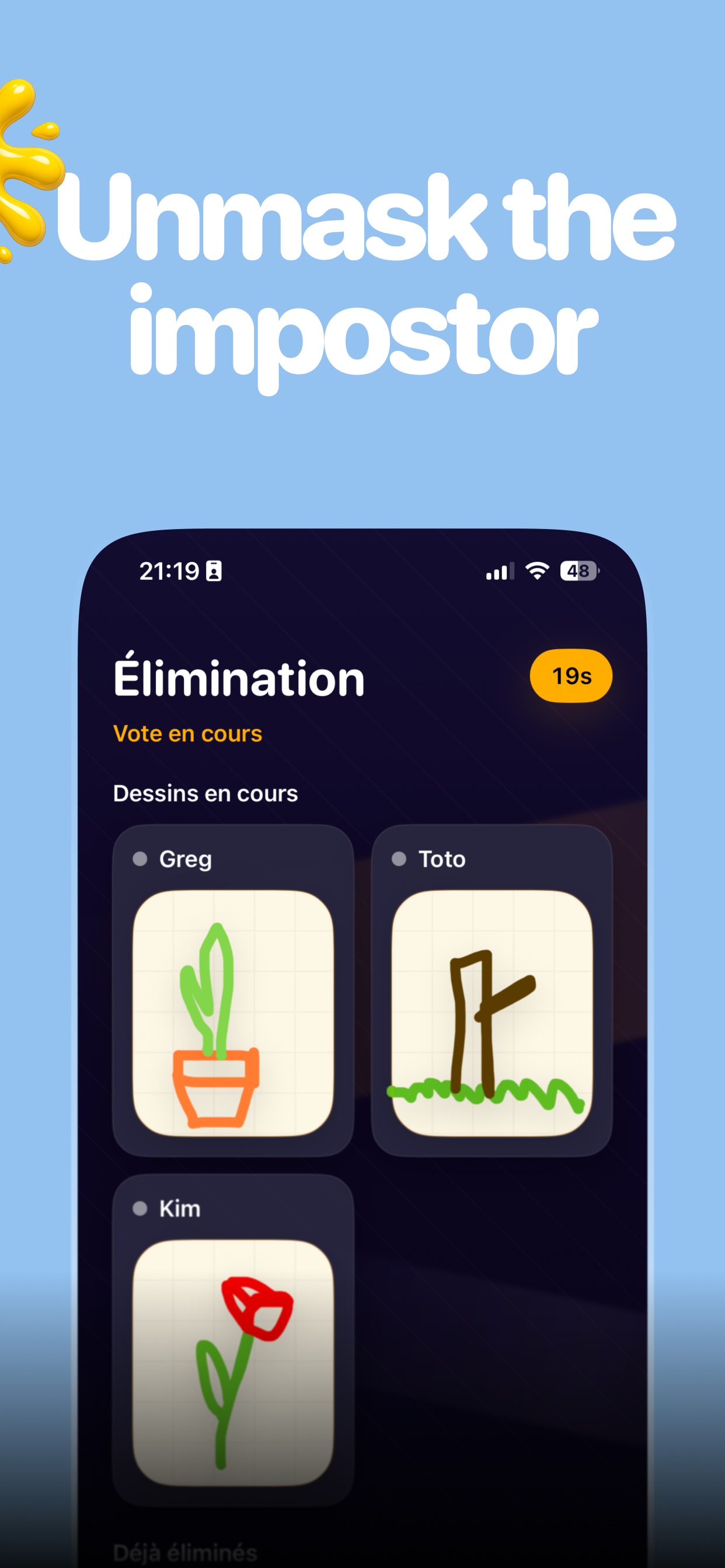 Undercover : Doodle voting screen showing all player drawings in a grid